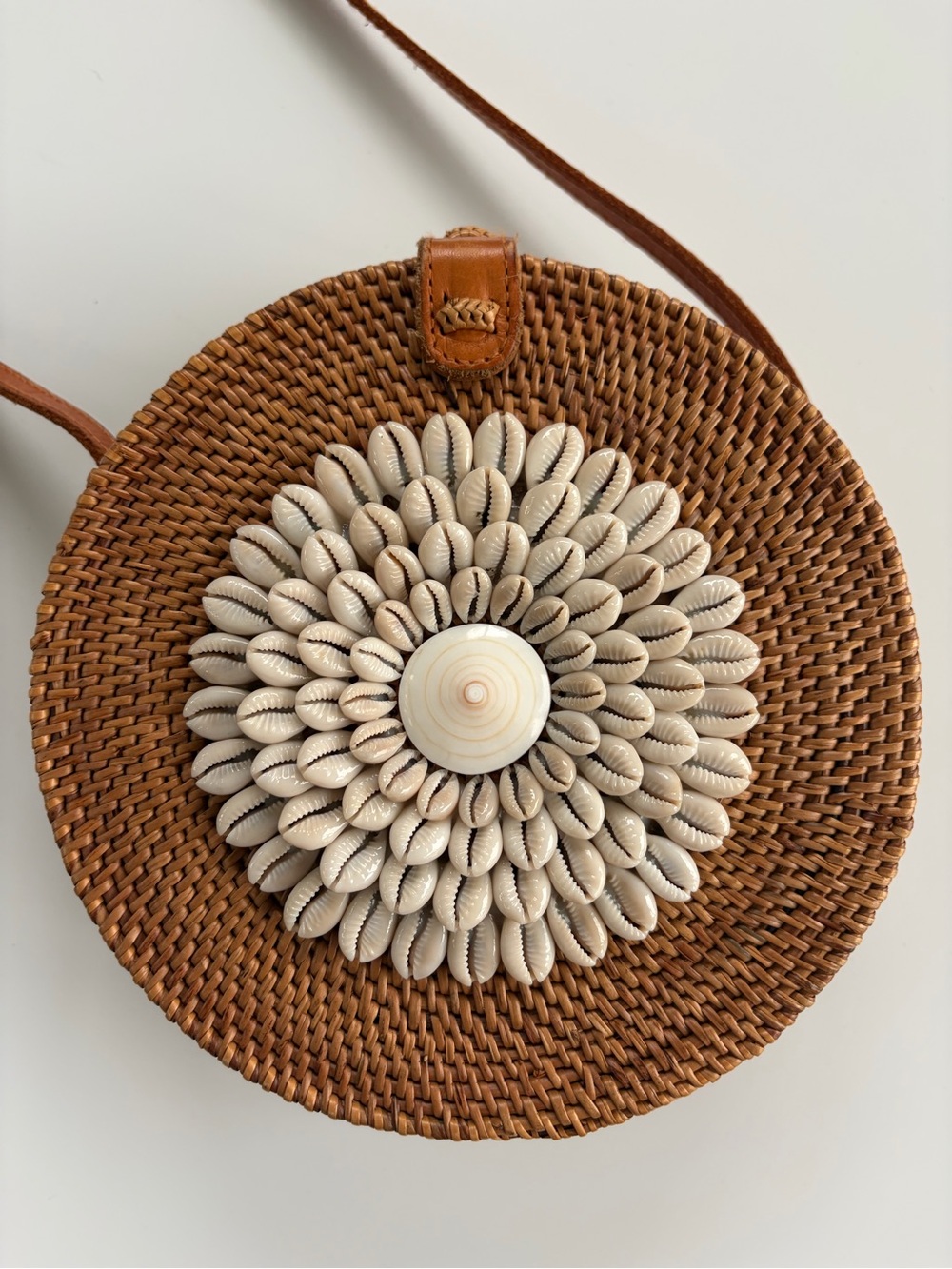 Round Woven Basket Bag with Puka Shell Design